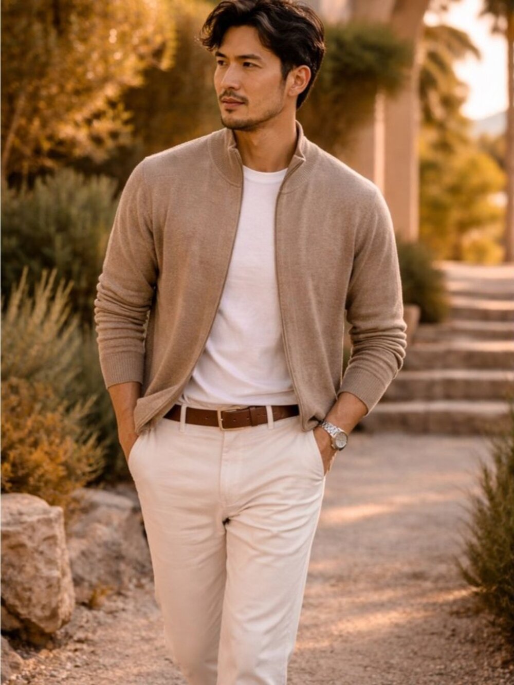 Lindbergh Merino Wool Zip Up Sweater Beige Slim Fit Size M Minimalist Luxury